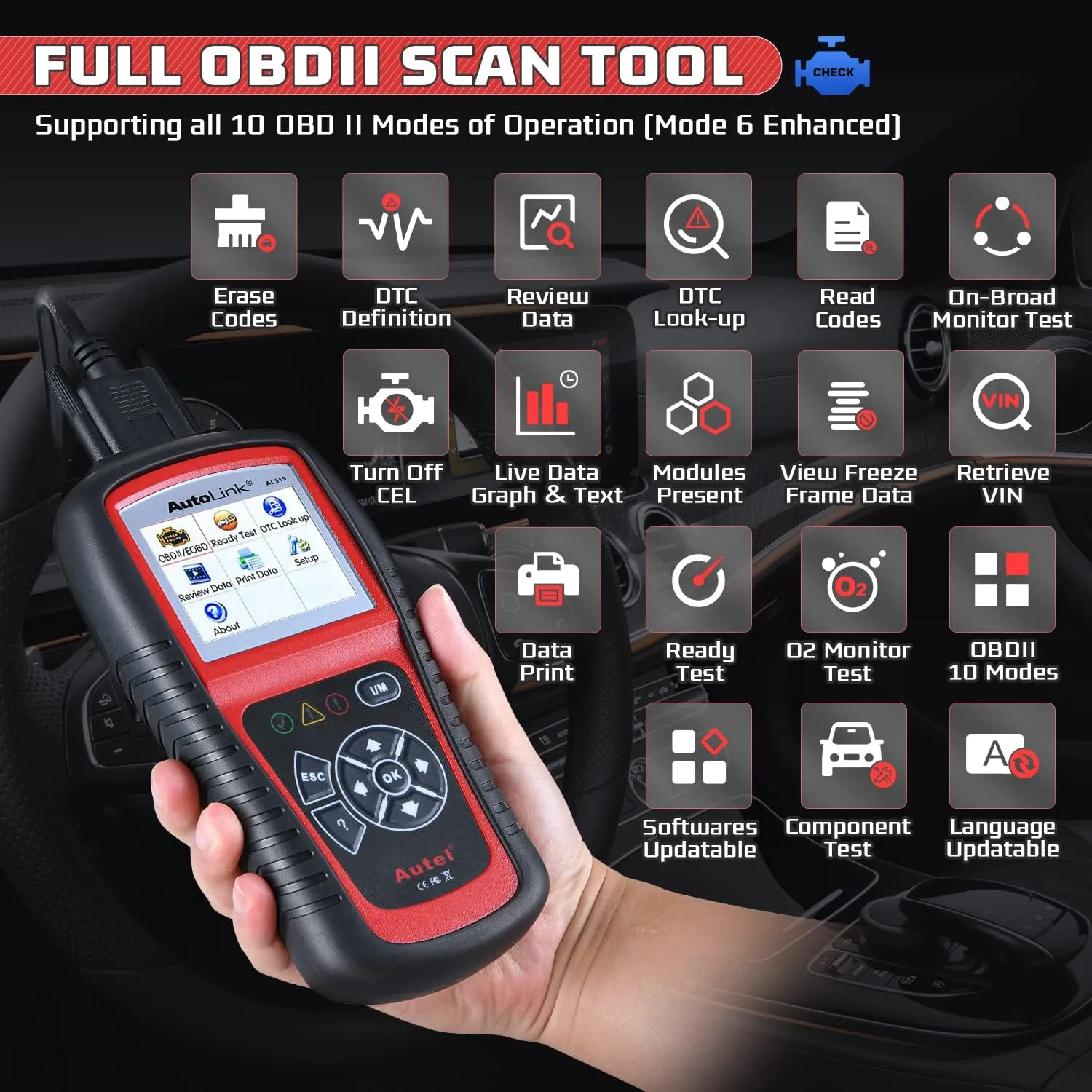 Autel AutoLink AL519 OBD2 Scanner Enhanced Mode 6 Car Diagnostic Tool Check Engine Code Reader CAN Scan Tool, Advanced Ver. of AL319