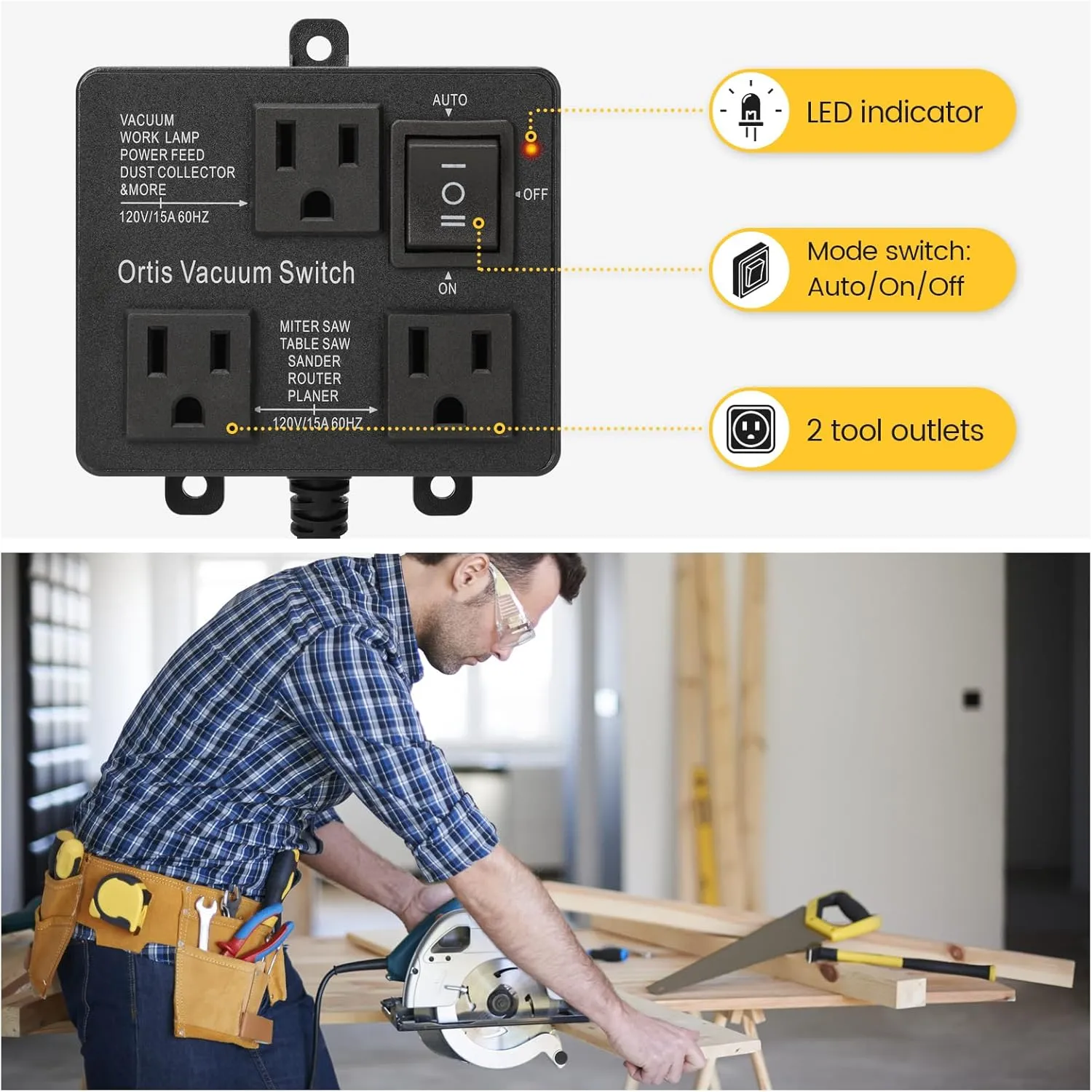 Automatic Vacuum Switch, Ortis Vacuum Switch for More Power Tools, Delay Vacuum On/Off to Prevent Circuit Overload and Tripping, Keep Your Workplace Cleaner, Better for Your Lung, Black