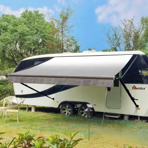 Awnlux Black Manual RV Awning Full Set Assemblies for RV, 5th Wheel, Travel Trailers, and Motorhome - RV Trailer Awning for Home or Camper-17x8Ft-Grey Fade