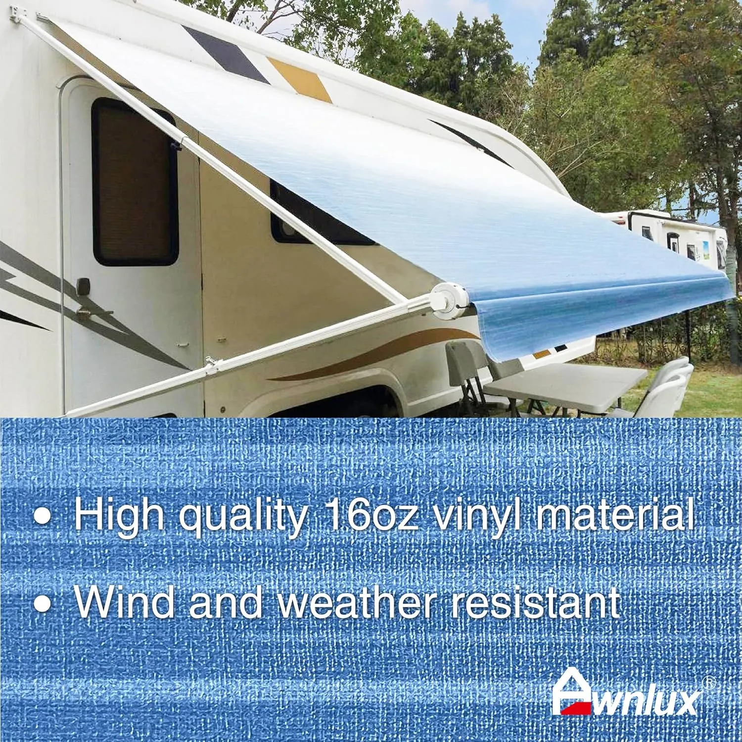 Awnlux White Manual Modular Retractable RV Awning Full Set Assemblies for RV, 5th Wheel, Travel Trailers, Toy Haulers, and Motorhome - RV Trailer Awning for Home or Camper - 18x8 Ft - Blue Strip