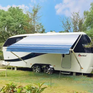 Awnlux White Manual Modular Retractable RV Awning Full Set Assemblies for RV, 5th Wheel, Travel Trailers, Toy Haulers, and Motorhome - RV Trailer Awning for Home or Camper - 18x8 Ft - Blue Strip