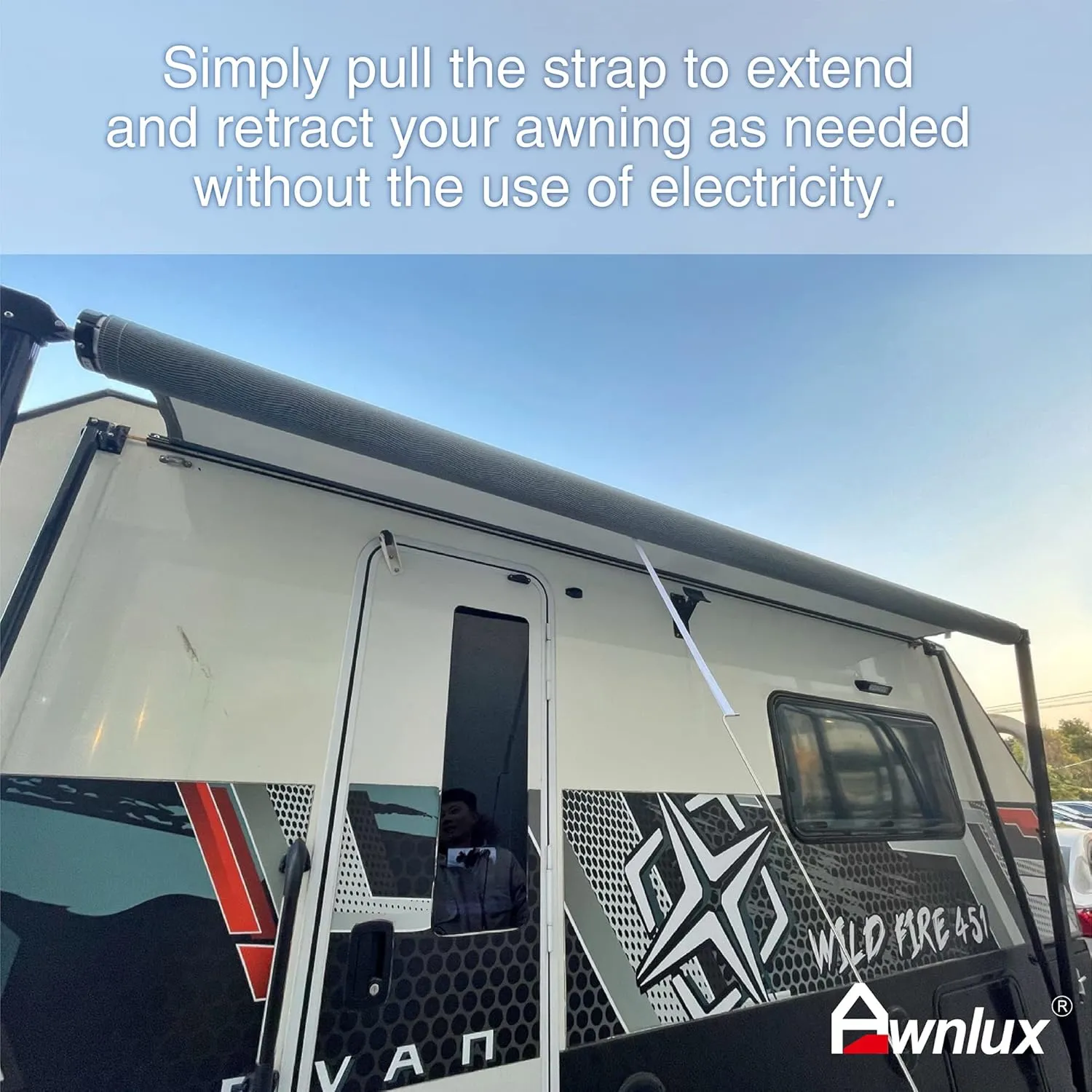 Awnlux White Manual Modular Retractable RV Awning Full Set Assemblies for RV, 5th Wheel, Travel Trailers, Toy Haulers, and Motorhome - RV Trailer Awning for Home or Camper - 18x8 Ft - Blue Strip