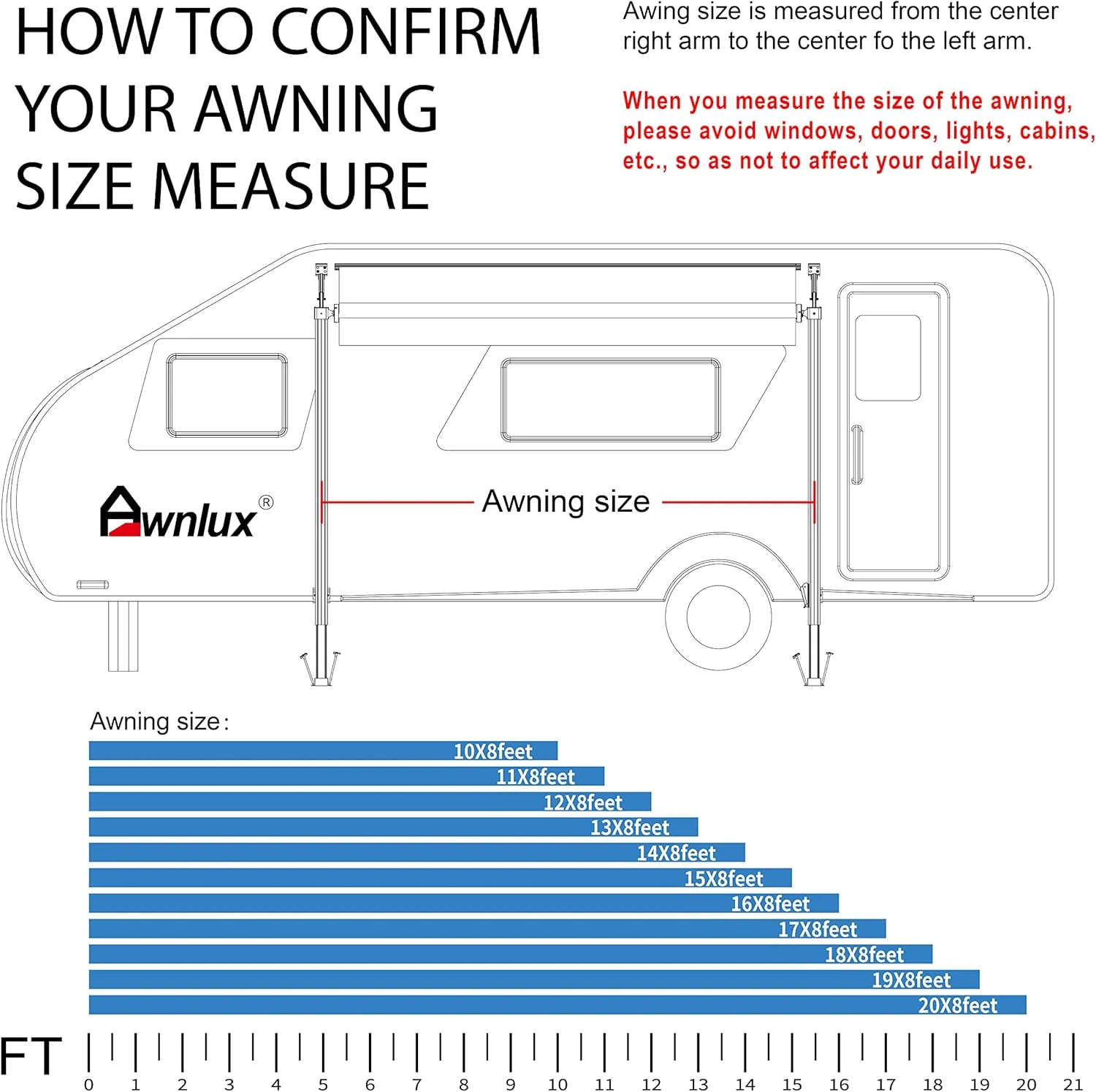 Awnlux White Manual Modular Retractable RV Awning Full Set Assemblies for RV, 5th Wheel, Travel Trailers, Toy Haulers, and Motorhome - RV Trailer Awning for Home or Camper - 18x8 Ft - Blue Strip