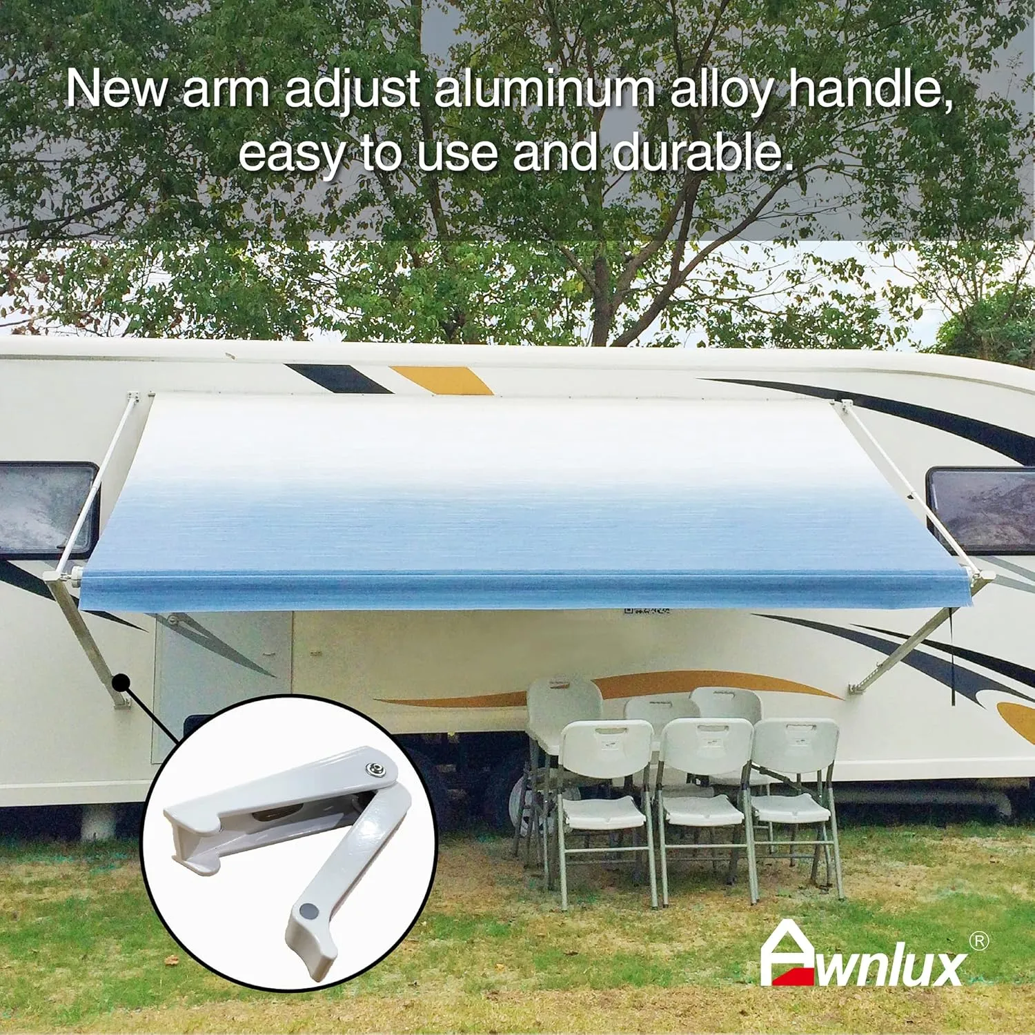 Awnlux White Manual Modular Retractable RV Awning Full Set Assemblies for RV, 5th Wheel, Travel Trailers, Toy Haulers, and Motorhome - RV Trailer Awning for Home or Camper - 18x8 Ft - Blue Strip