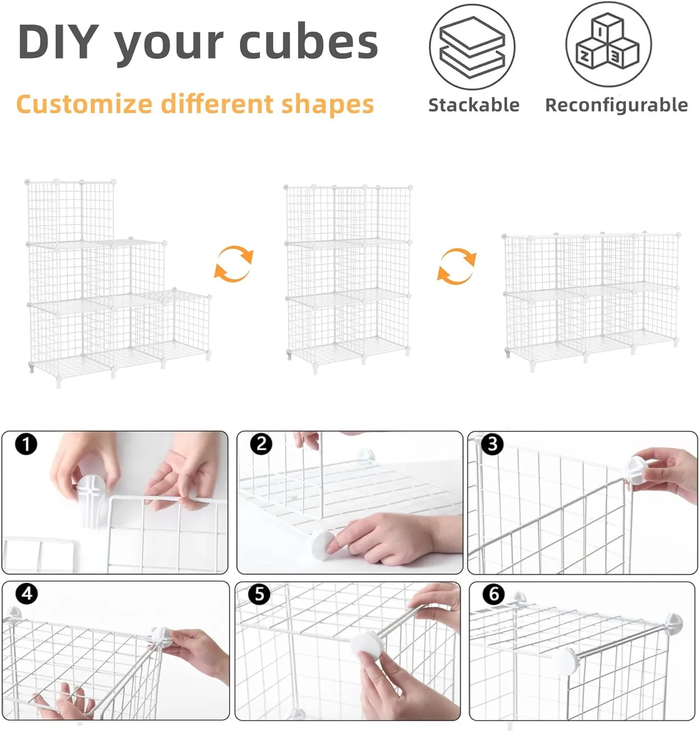 AWTATOS Wire Cube Storage Organizer, Closet Organizers and Storage, Metal 6 Cube Storage Shelves Bookshelf, Portable Closet Clothes Organizer for Bedroom, Home, Office, White