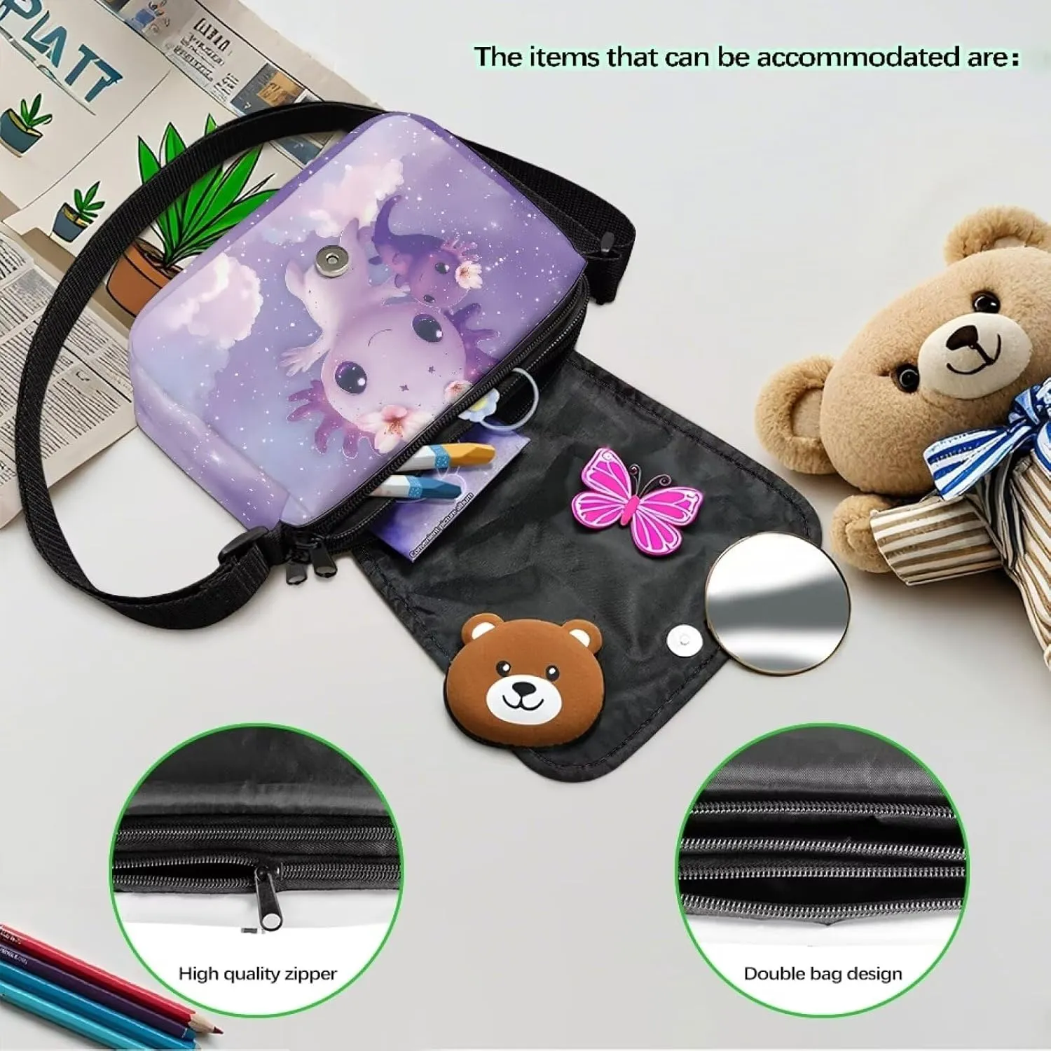 Axolotl Print Crossbody Bags for Girls Satchel Style Handbags for Toddler Polyester Crossbody Shoulder Bag with Adjustable Strap for Travel Outdoor