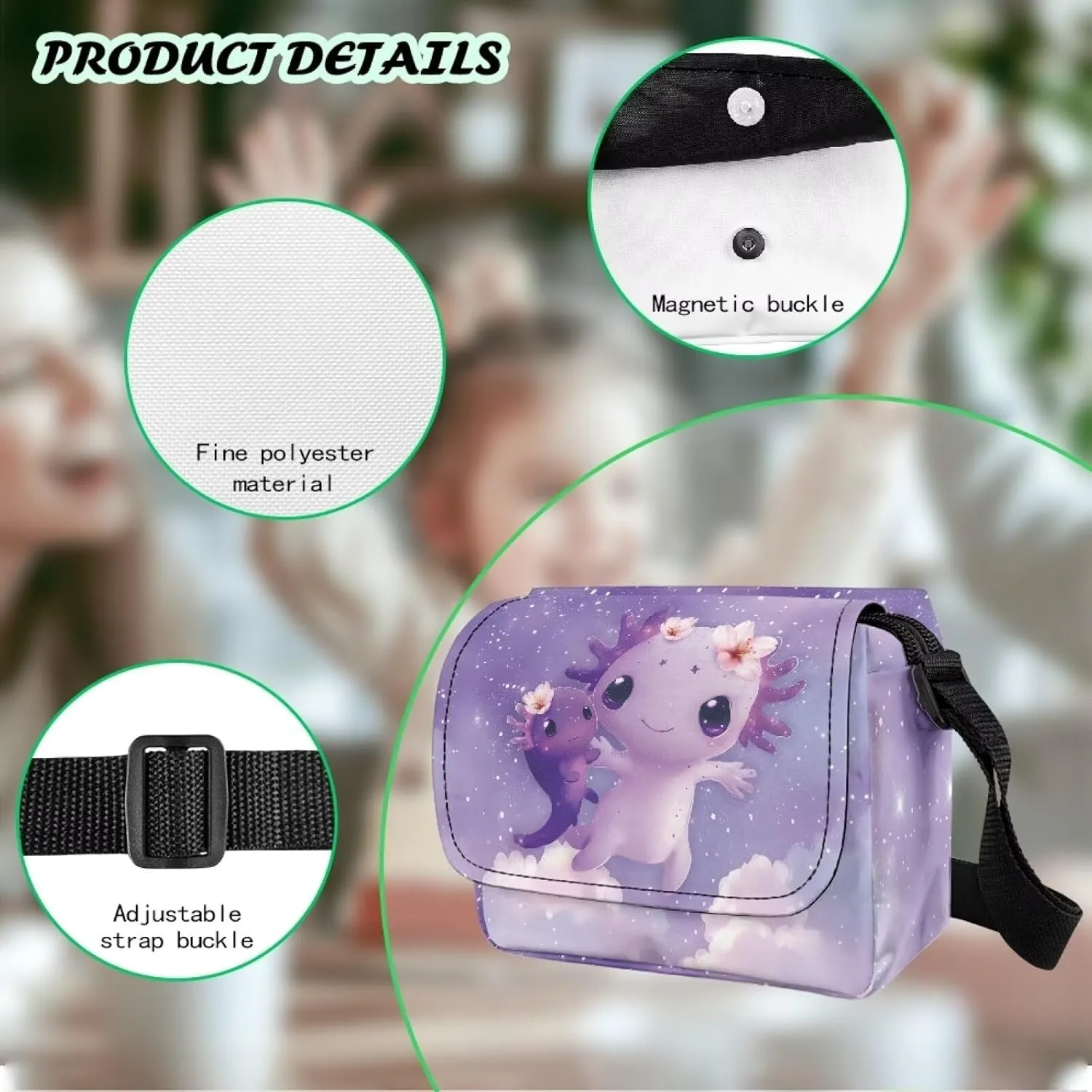 Axolotl Print Crossbody Bags for Girls Satchel Style Handbags for Toddler Polyester Crossbody Shoulder Bag with Adjustable Strap for Travel Outdoor