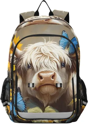 Backpack Highland Cow Calf Cute for Women Men Travel Laptop Daypack Shoulder Bag Book Bag Daypack with Reflective Strip 12.9” × 17.7”