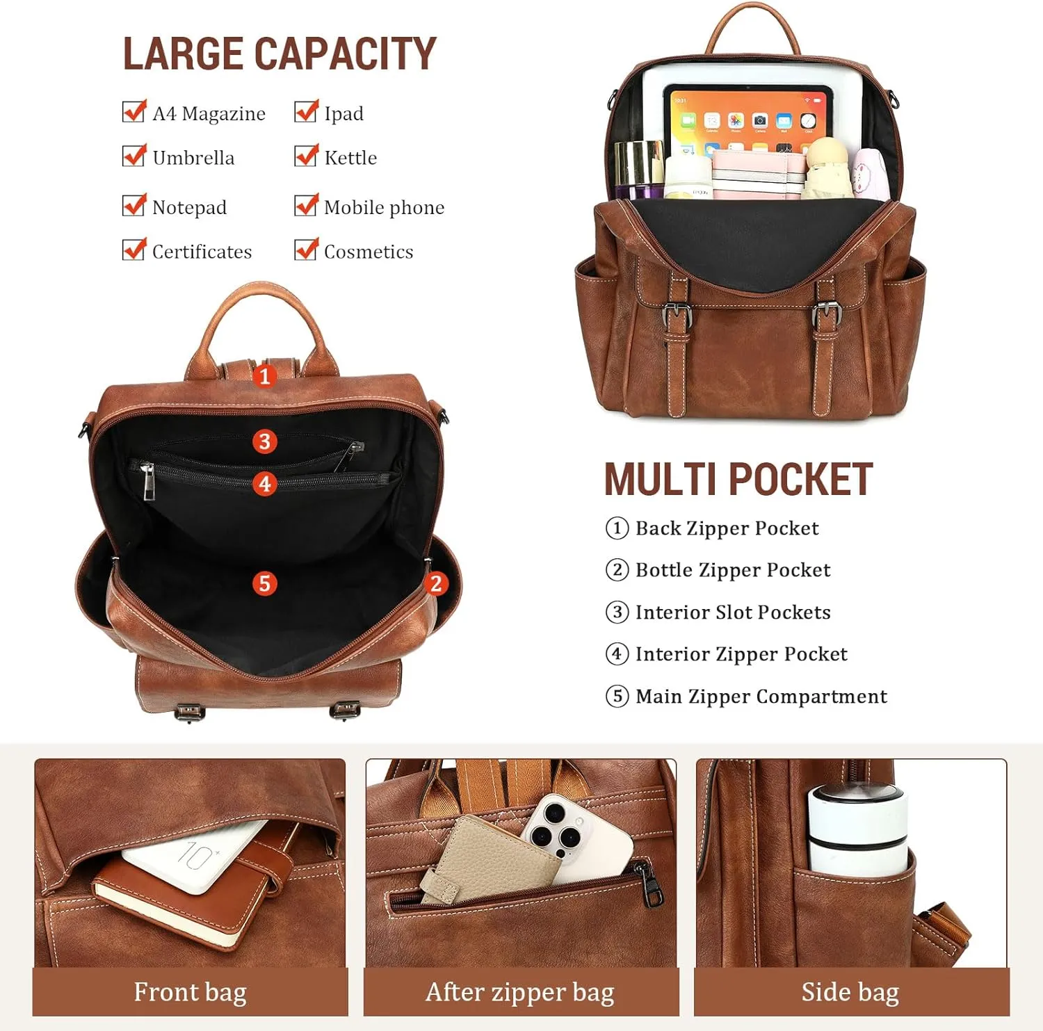 Backpack Purse for Women PU Leather Back Packs Designer Ladies Shoulder Bag Fashion Faux Work Travel Handbags