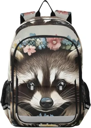 Backpack Raccoon Garland Flowers for Men Women Travel Laptop Daypack Shoulder Bag Book Bag Cool Funny Cute Backpack with Reflective Strip 12.9 ×17.7 In