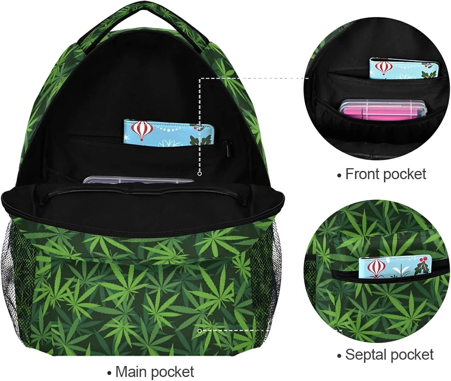 Backpack Travel Green Weed Leaves Print School Bookbags Shoulder Laptop Daypack College Bag for Womens Mens Boys Girls