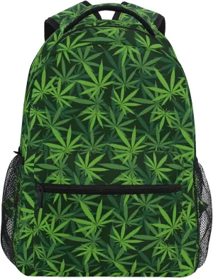 Backpack Travel Green Weed Leaves Print School Bookbags Shoulder Laptop Daypack College Bag for Womens Mens Boys Girls