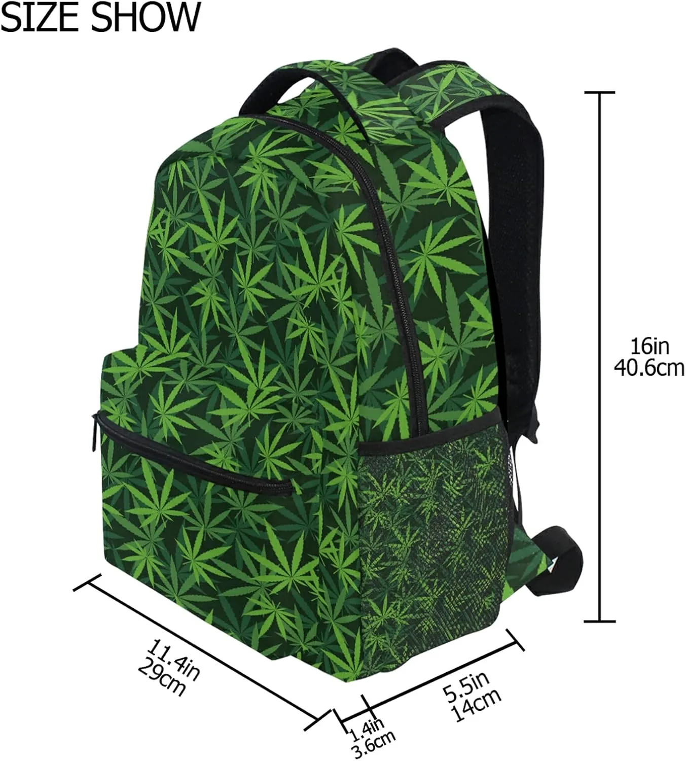 Backpack Travel Green Weed Leaves Print School Bookbags Shoulder Laptop Daypack College Bag for Womens Mens Boys Girls