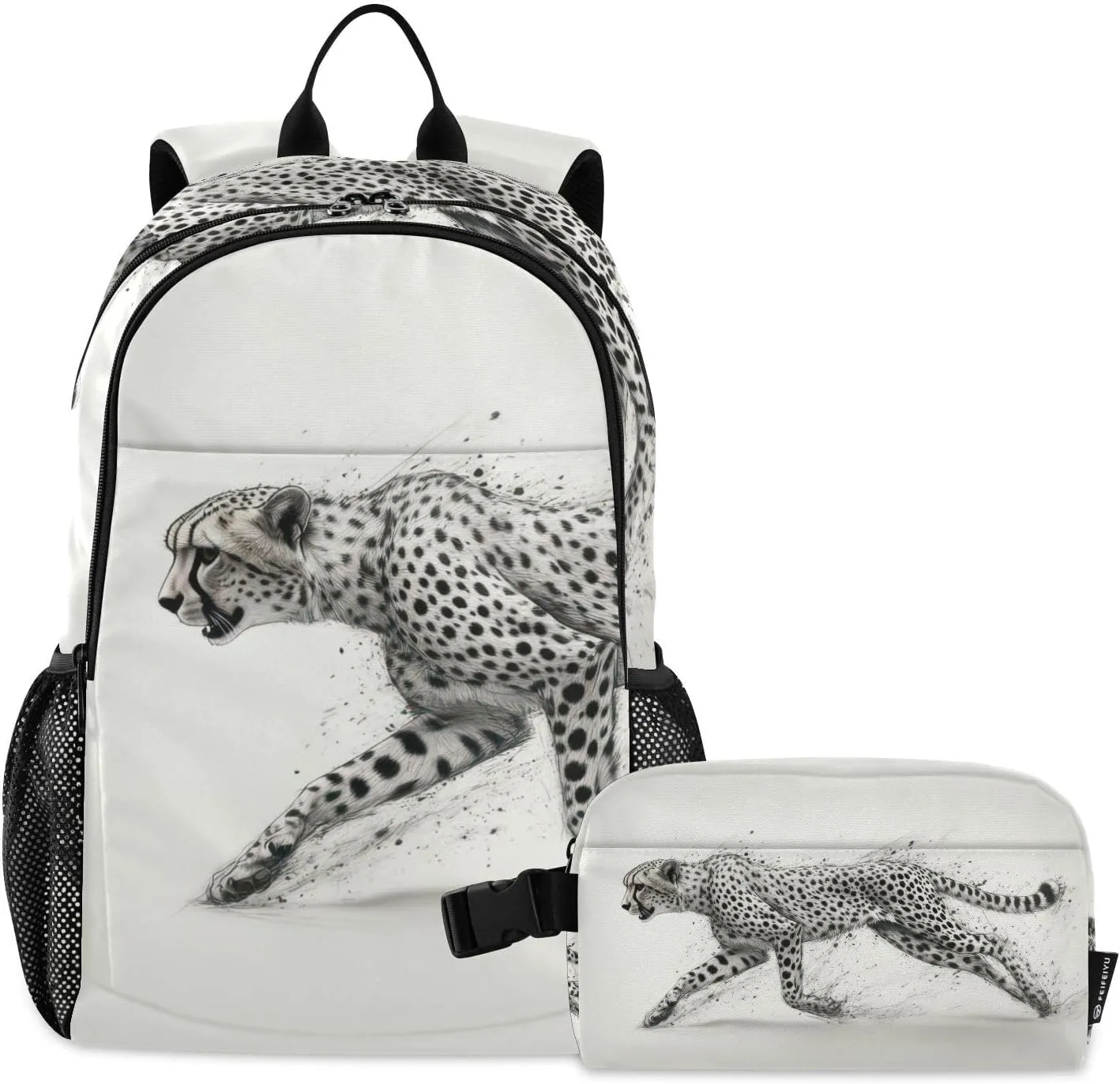Backpack with Lunch Box Cheetah Motion Black White Daypack Book Bag Shoulder Bag with Lunch Bag Set for Women Men Laptop Travel Daypack