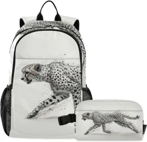 Backpack with Lunch Box Cheetah Motion Black White Daypack Book Bag Shoulder Bag with Lunch Bag Set for Women Men Laptop Travel Daypack