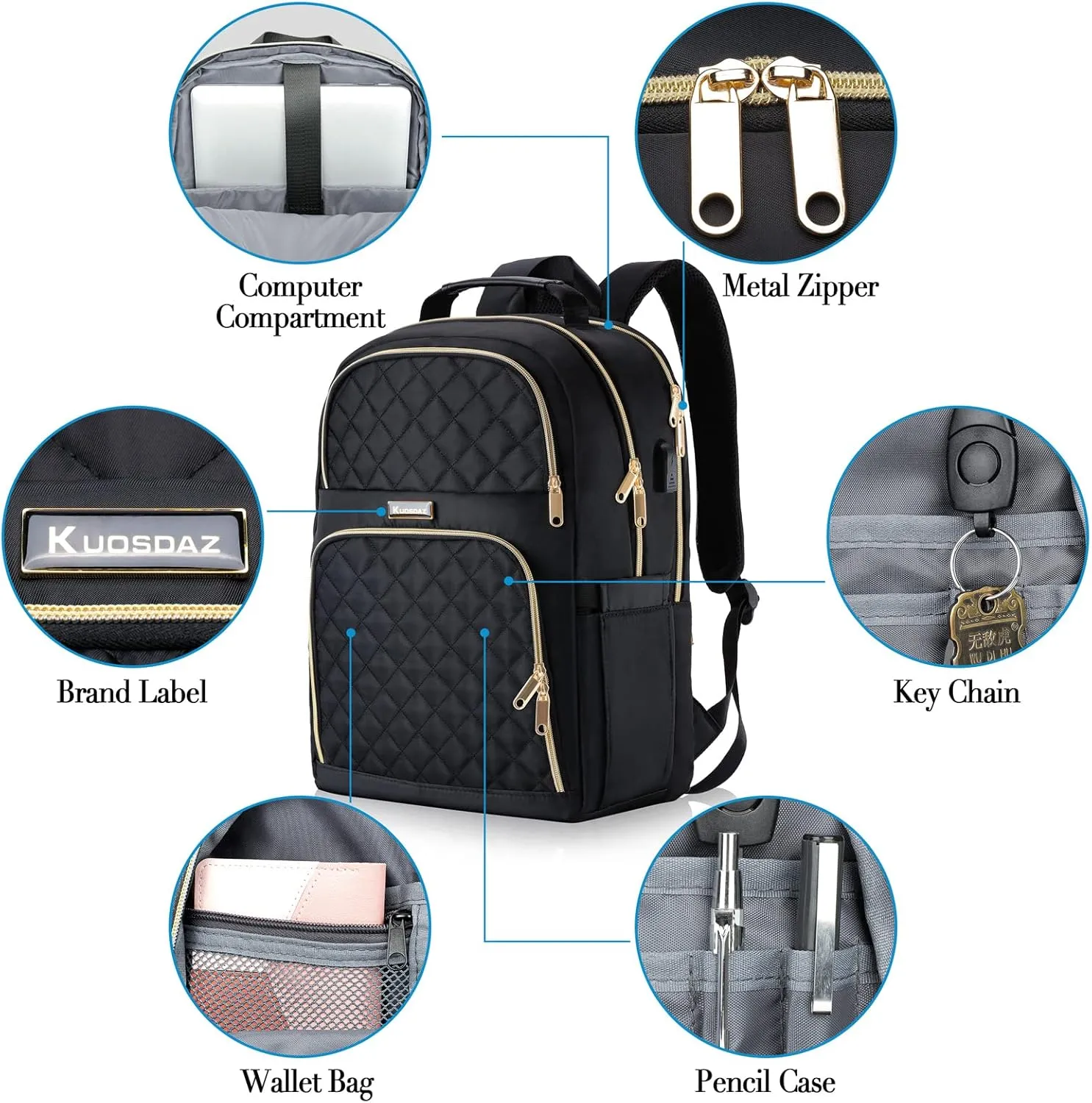 Backpacks for Women, School Backpack for Teen Girls, 15.6 Inch Cute Quilted Laptop Backpack with USB Charging, Large Bookbag for Middle School College Students, Black