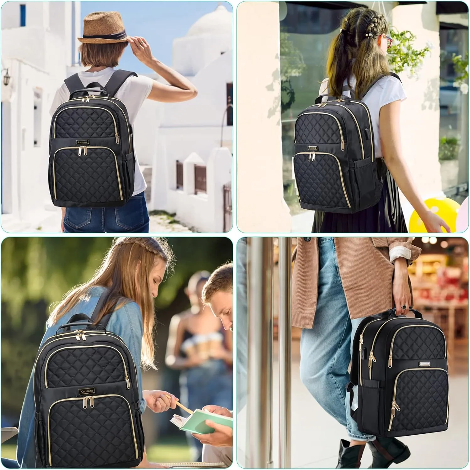 Backpacks for Women, School Backpack for Teen Girls, 15.6 Inch Cute Quilted Laptop Backpack with USB Charging, Large Bookbag for Middle School College Students, Black