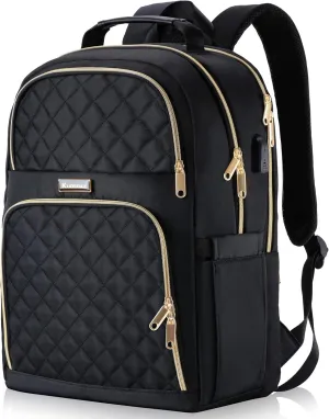 Backpacks for Women, School Backpack for Teen Girls, 15.6 Inch Cute Quilted Laptop Backpack with USB Charging, Large Bookbag for Middle School College Students, Black