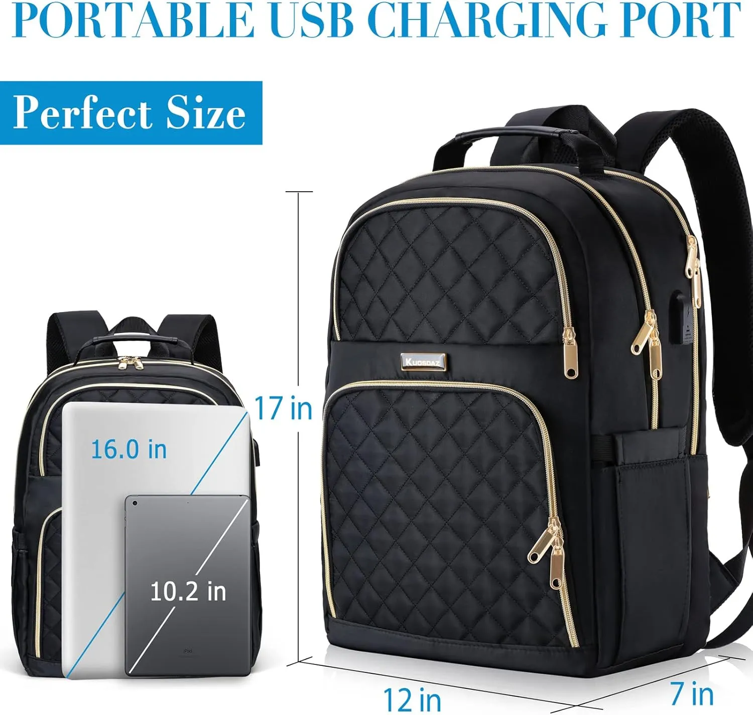 Backpacks for Women, School Backpack for Teen Girls, 15.6 Inch Cute Quilted Laptop Backpack with USB Charging, Large Bookbag for Middle School College Students, Black