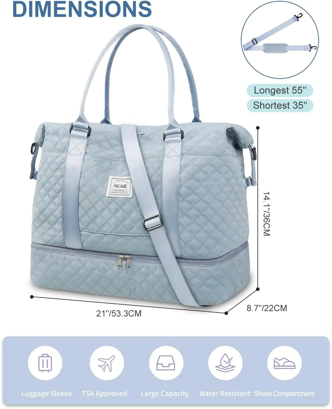 BAGAIL Travel Duffel Bag, Weekender Bags for Women, Overnight Gym Carry On Tote Bag with Wet Pocket, Hospital Mom Bag for Labor and Delivery - Extra Large, Grid-Light Blue