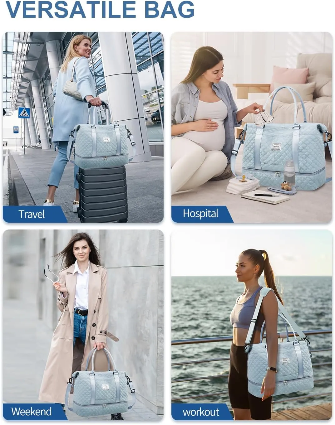 BAGAIL Travel Duffel Bag, Weekender Bags for Women, Overnight Gym Carry On Tote Bag with Wet Pocket, Hospital Mom Bag for Labor and Delivery - Extra Large, Grid-Light Blue