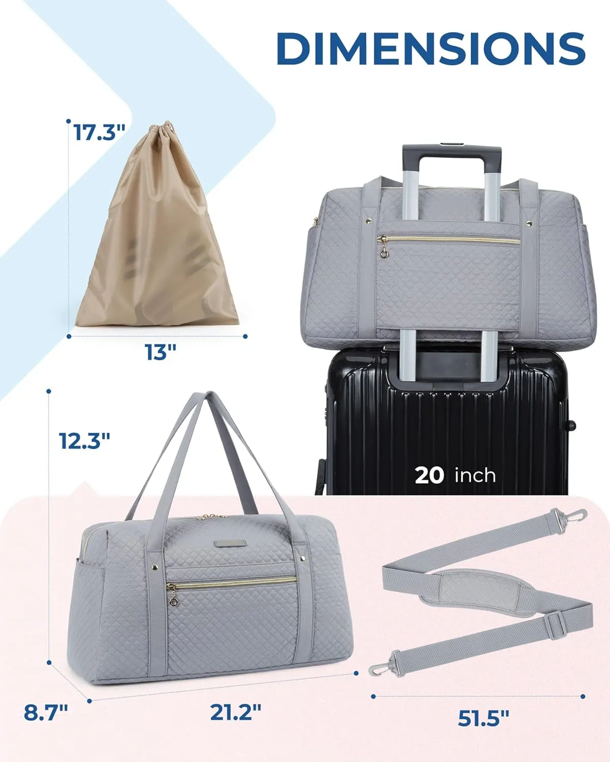 BAGSMART Travel Duffle Bag 31L Quilted Weekender Overnight Bag for Women with Laptop Compartment, Large Carry On Airport Bag with Wet Pocket & Shoe Bag for Business Trips, Sports (Grey)