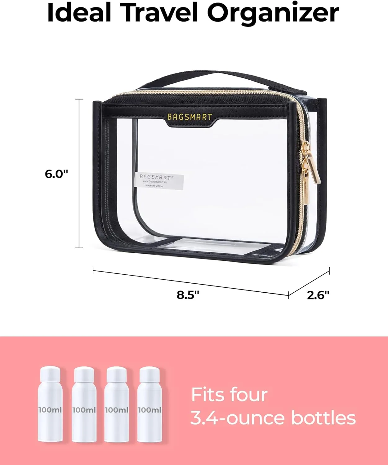 BAGSMART TSA Approved Toiletry Bag, Clear Travel Toiletry Bag, Makeup Cosmetic Pouch Bag for Women Quart Size Compliant Bag Organizer for Travel Essentials (Black Pack of 2,)