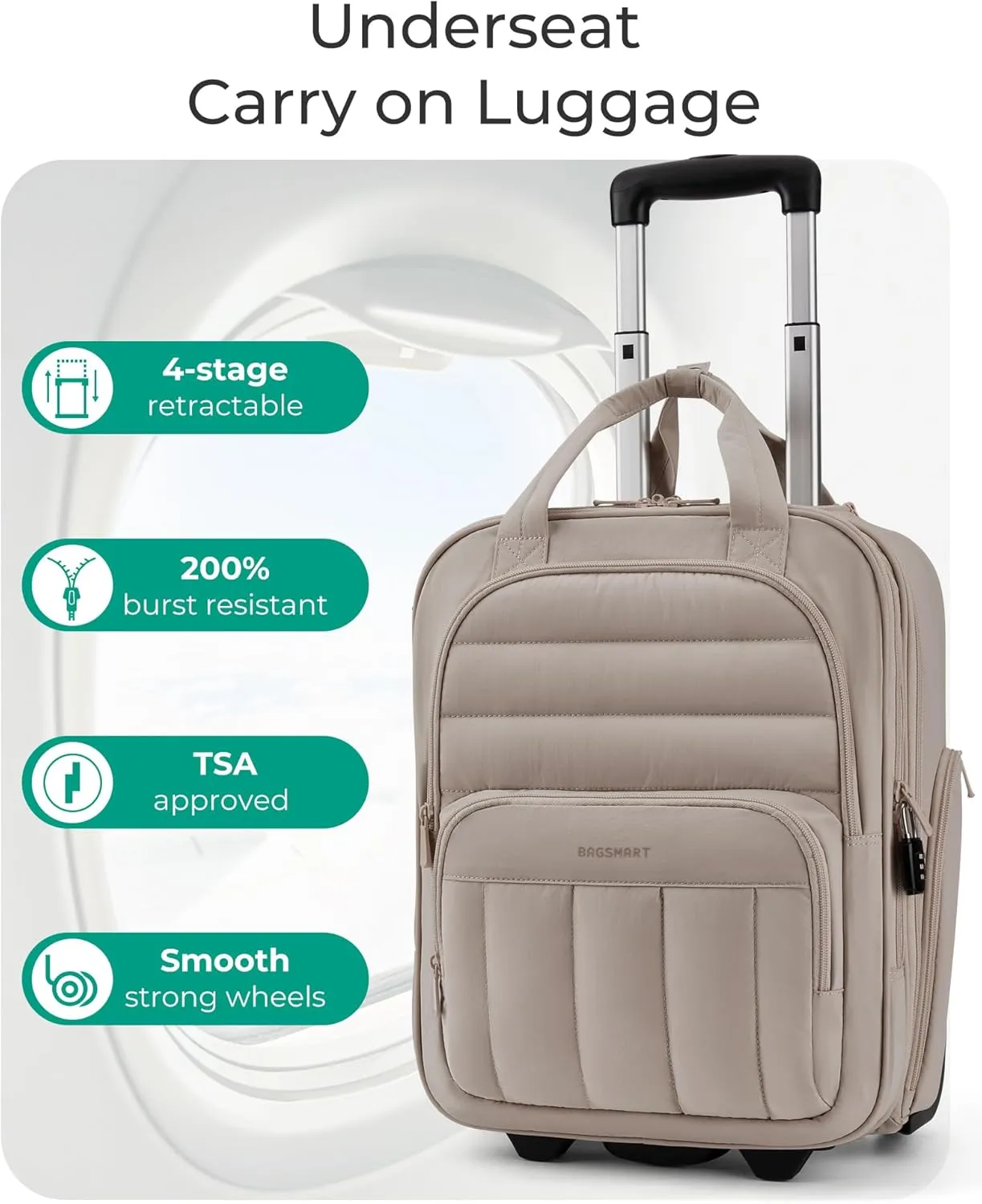 BAGSMART Underseat Carry on Luggage with Wheels, 16-inch Under Seat Luggage, Lightweight Travel Luggage Travel Suitcase for Women, Personal Item Bag, Brown