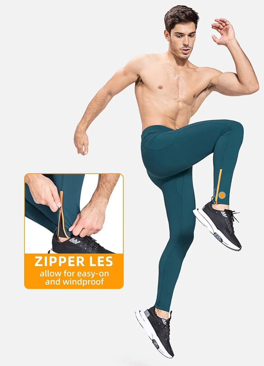 baleaf Men's Winter Running Tights Thermal Cycling Pants Water Resistant Fleece Leggings Zipper Pockets Cold Weather Gear