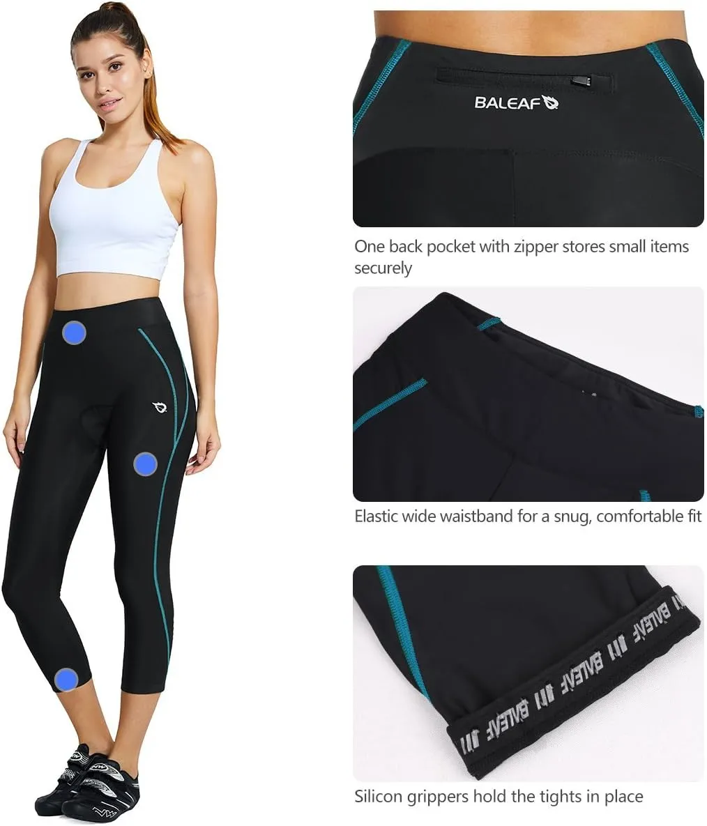 baleaf Women's Padded Bike Pants High Waist Cycling Shorts 3/4 Bicycle Capris Legging Zipper Pockets UPF 50 