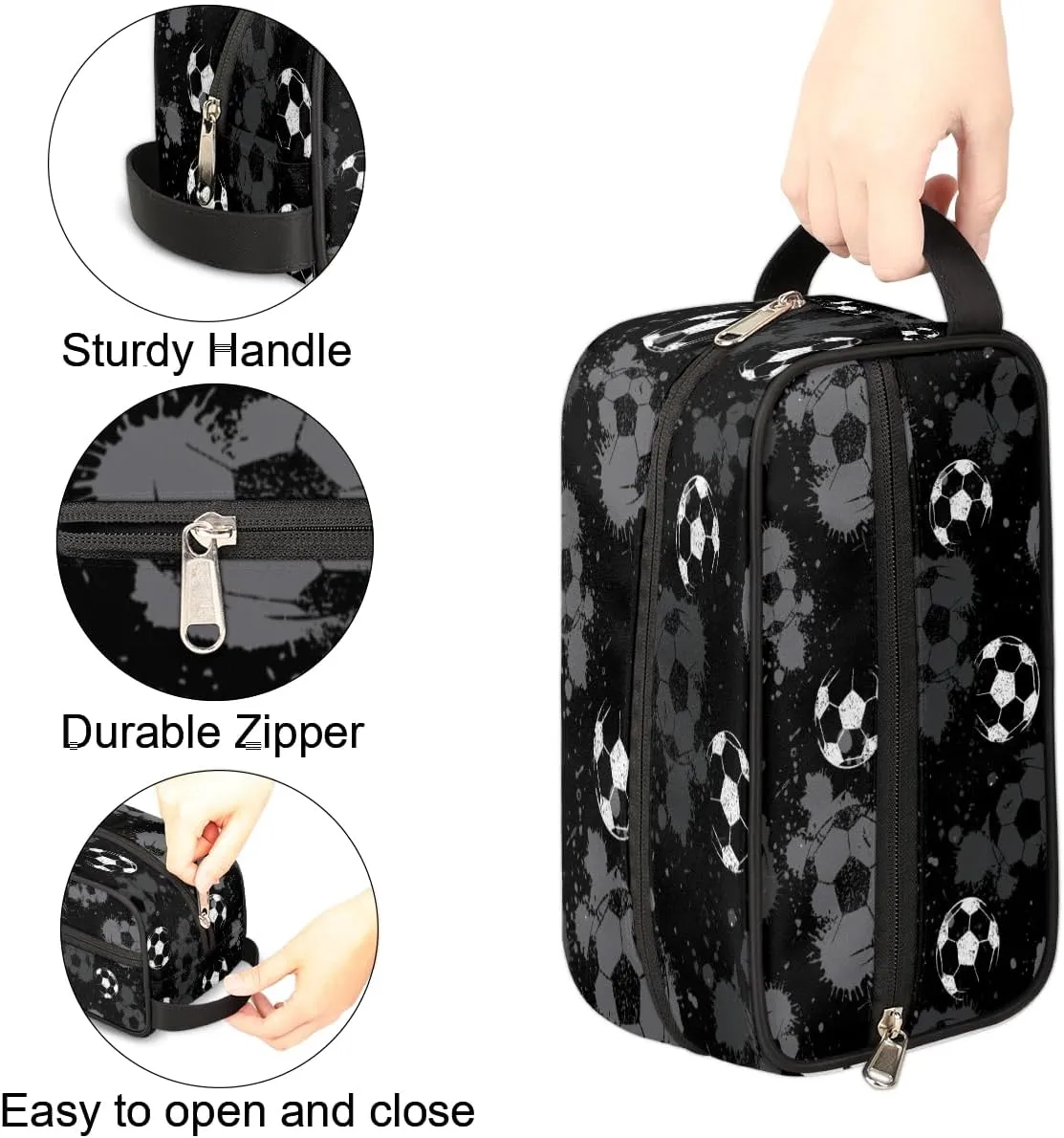 Bardic Travel Toiletry Bag for Boys Men, Waterproof Hanging Dopp Kit for Women, Soccer Shaving Bag with Large Capacity for Travel,Sports Shower (Black White)