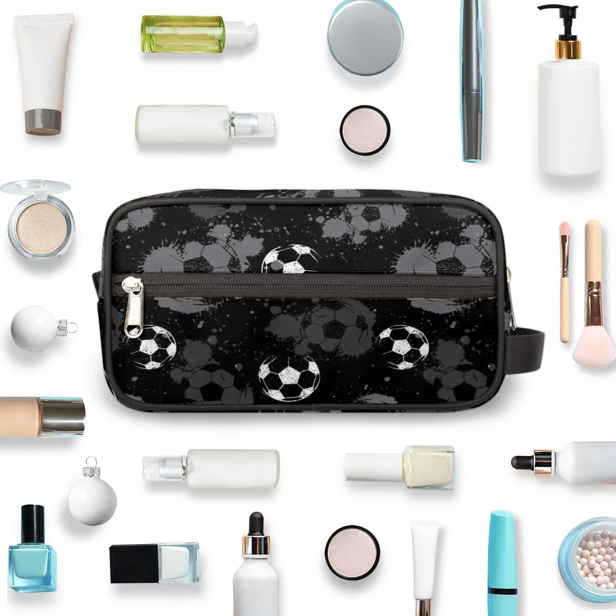 Bardic Travel Toiletry Bag for Boys Men, Waterproof Hanging Dopp Kit for Women, Soccer Shaving Bag with Large Capacity for Travel,Sports Shower (Black White)