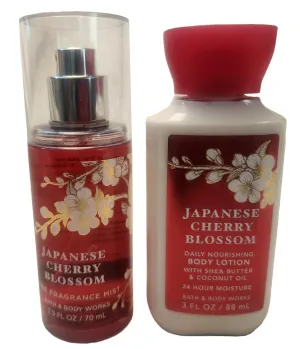 Bath and Body Travel Mini Purse Size Body Care Bundle - JAPANESE CHERRY BLOSSOM - 2 pc Bundle - Travel Size Body Lotion w/shea Butter & Coconut Oil - 3 fl oz and 2.5 fl oz Fine Fragrance Mist