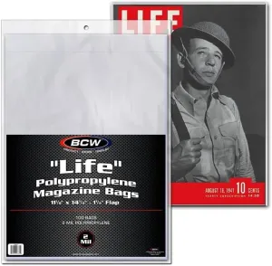 BCW Life Magazine Bags -1 Pack of 100 | Crystal Clear Polypropylene | Acid-Free Archival Quality | Protect and Store Collectible Life Magazines | Exterior 11 1/8 x 14 1/4