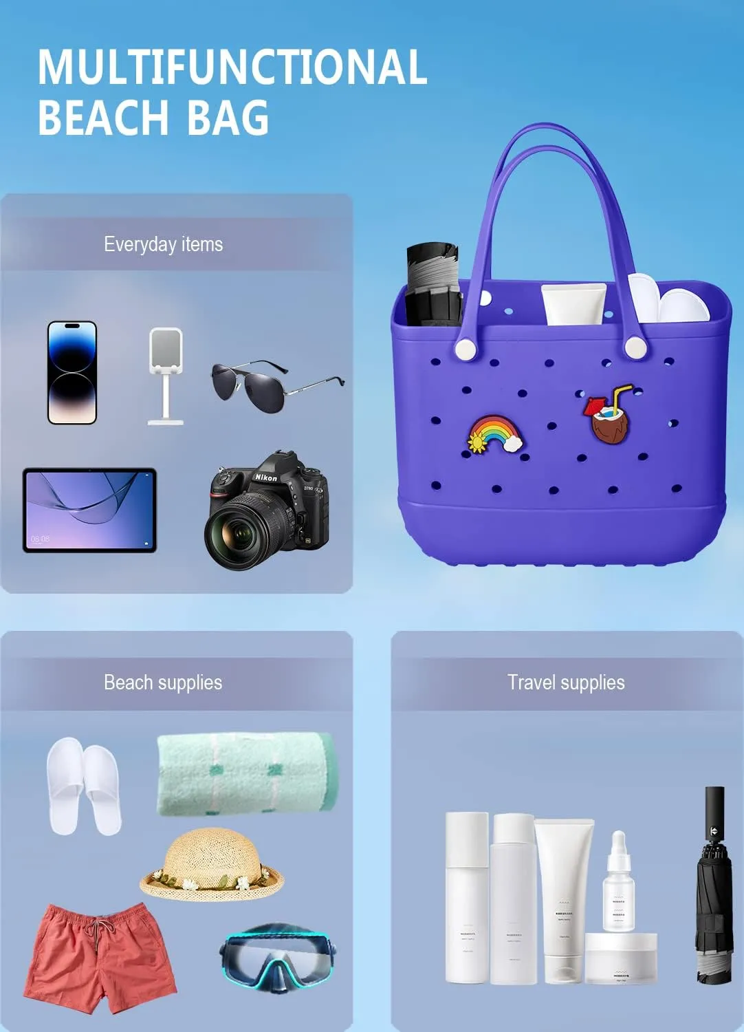 Beach Bag Rubber Tote Bag Waterproof Travel Bags for Women Washable Tote Bag Handbag for Sports Beach Market Pool