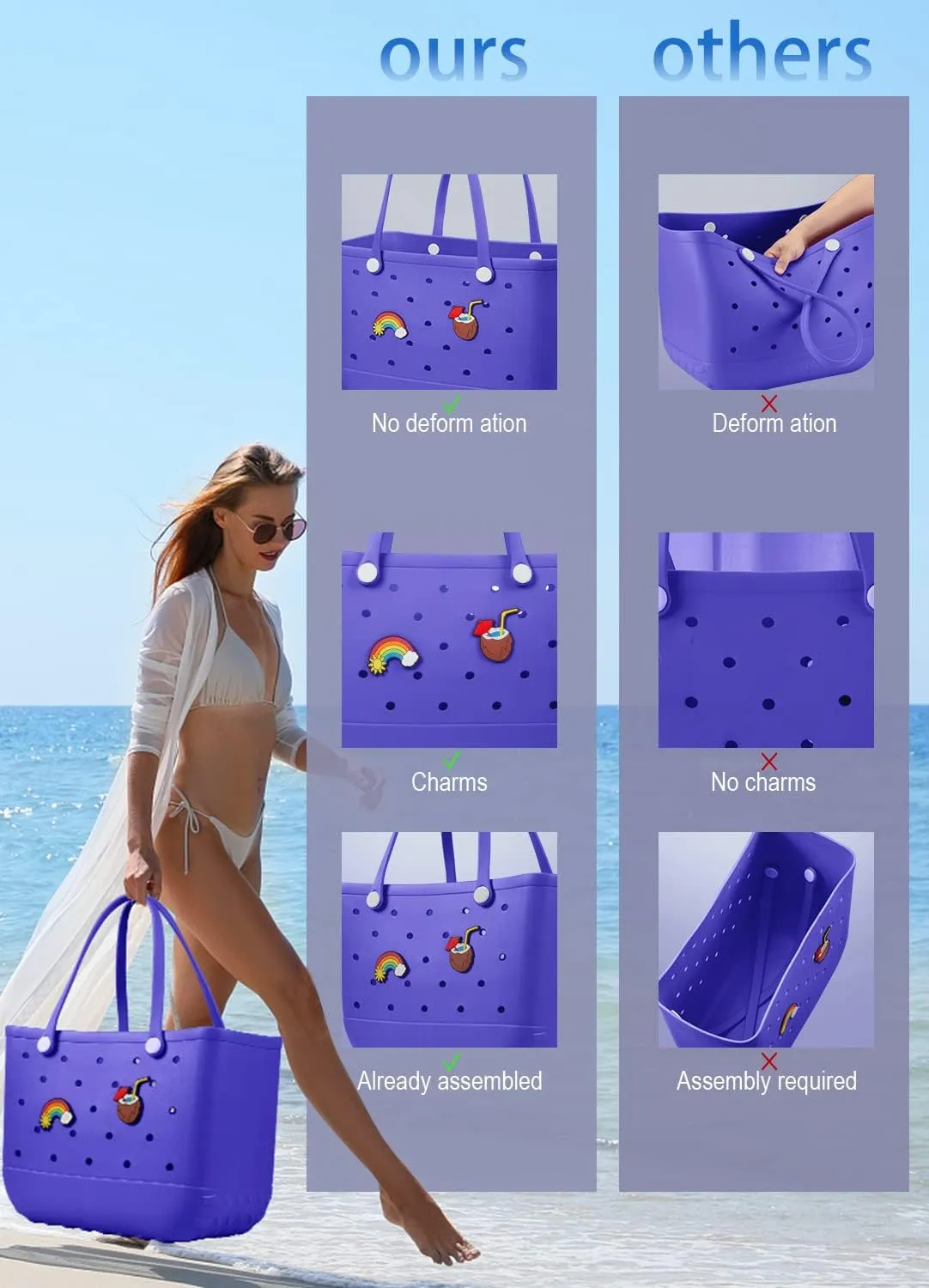 Beach Bag Rubber Tote Bag Waterproof Travel Bags for Women Washable Tote Bag Handbag for Sports Beach Market Pool