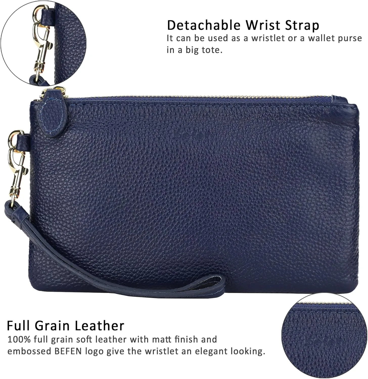 befen Women's Genuine Italian Leather Wristlet Clutch Wallet Purse, Gold Zipper