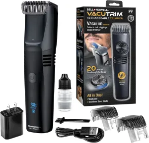 Bell Howell Vacutrim Deluxe Cordless Mens Beard Trimmer, Rechargeable Electric Shaver with 20 Trim Setting and Built-in Vacuum for Mustache, Sideburns. Facial Hair, Black, 7.5", As Seen On TV