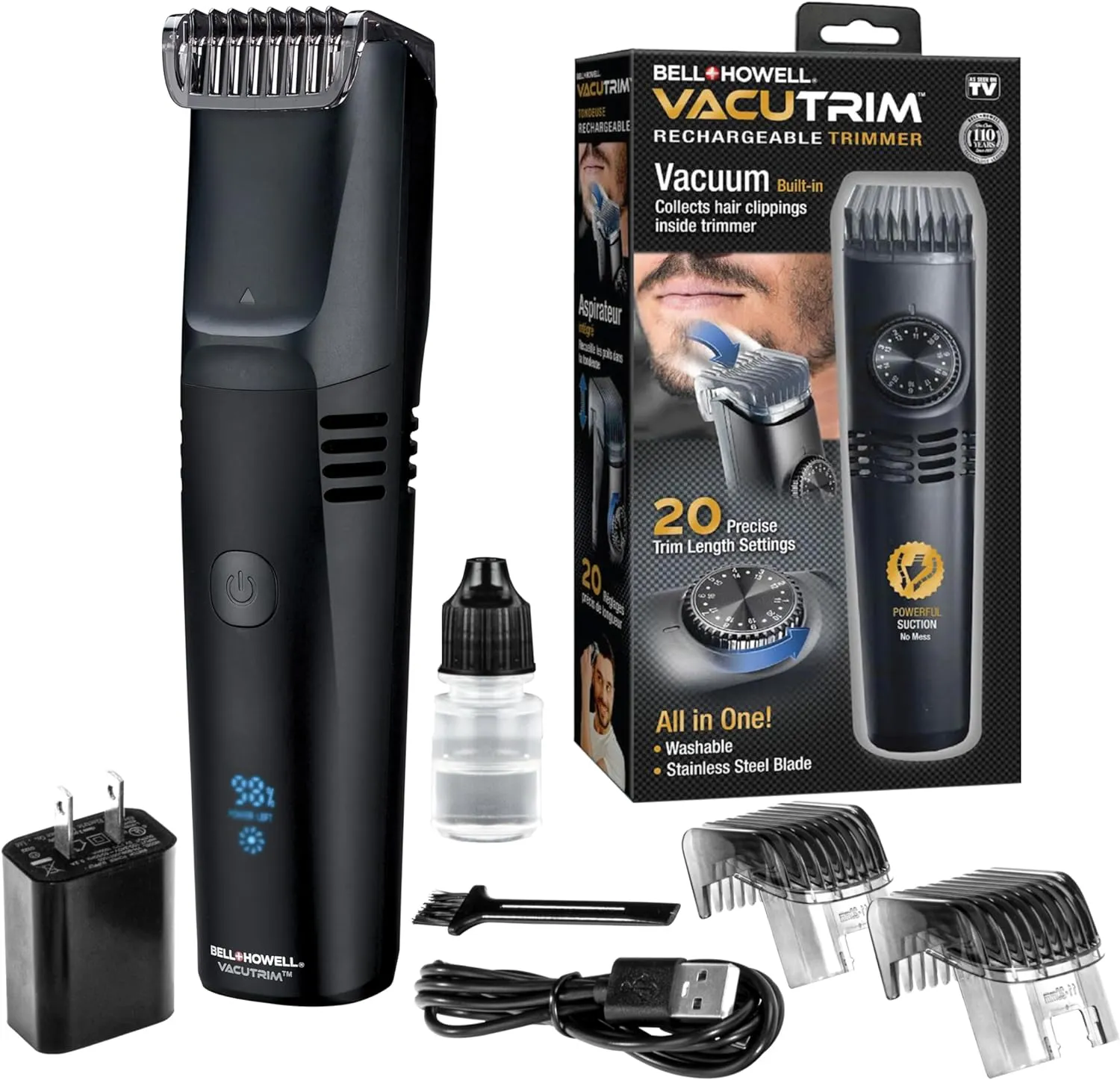 Bell Howell Vacutrim Deluxe Cordless Mens Beard Trimmer, Rechargeable Electric Shaver with 20 Trim Setting and Built-in Vacuum for Mustache, Sideburns. Facial Hair, Black, 7.5", As Seen On TV
