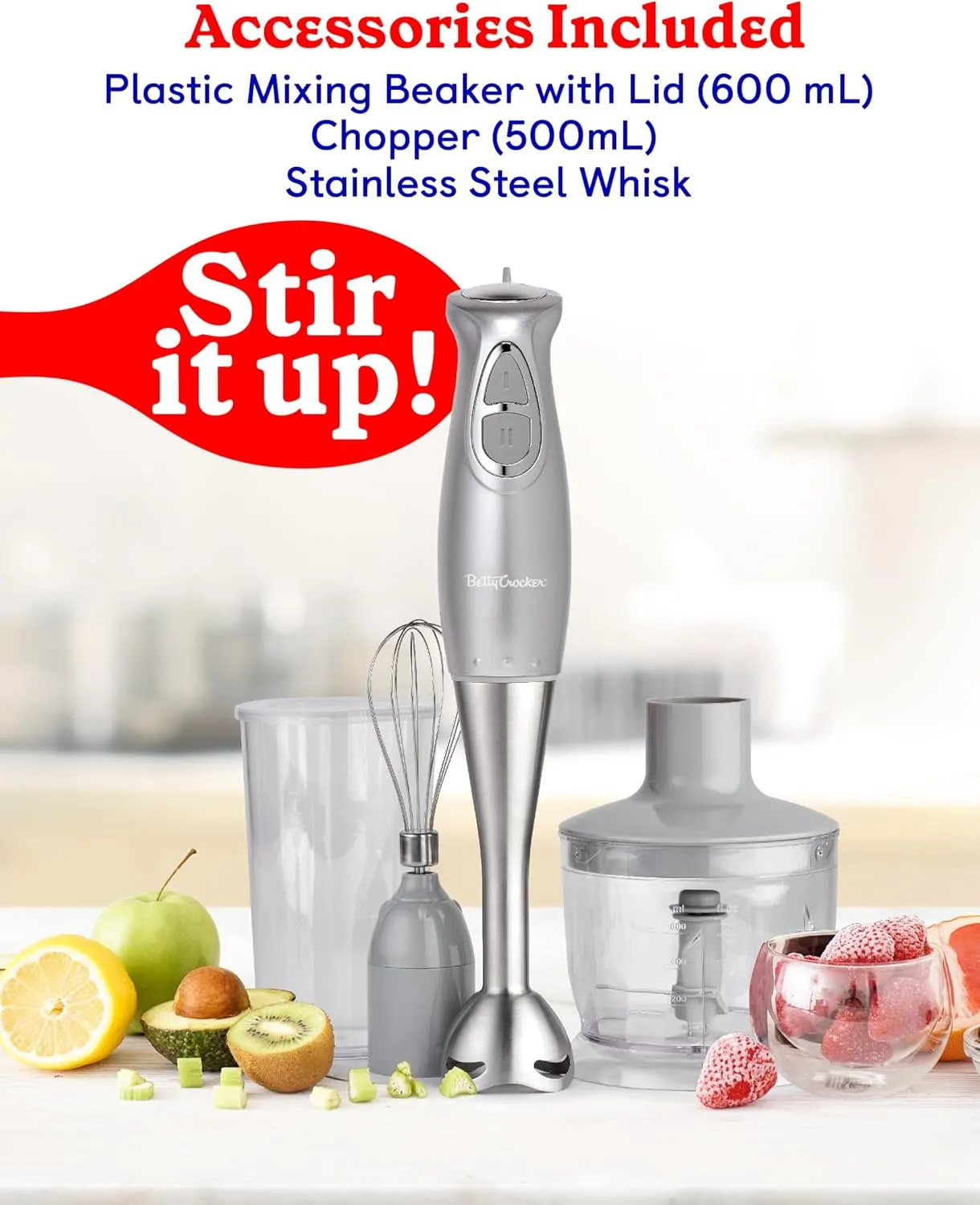 BETTY CROCKER Immersion Blender for Home & Kitchen, 2-Speed Hand Mixer Electric Handheld with Stainless Steel Blade, Beaker & Whisk, 250W Portable Blender with Ergonomic Handle, Silver