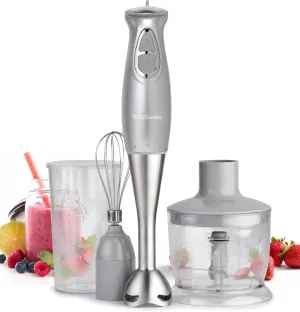 BETTY CROCKER Immersion Blender for Home & Kitchen, 2-Speed Hand Mixer Electric Handheld with Stainless Steel Blade, Beaker & Whisk, 250W Portable Blender with Ergonomic Handle, Silver