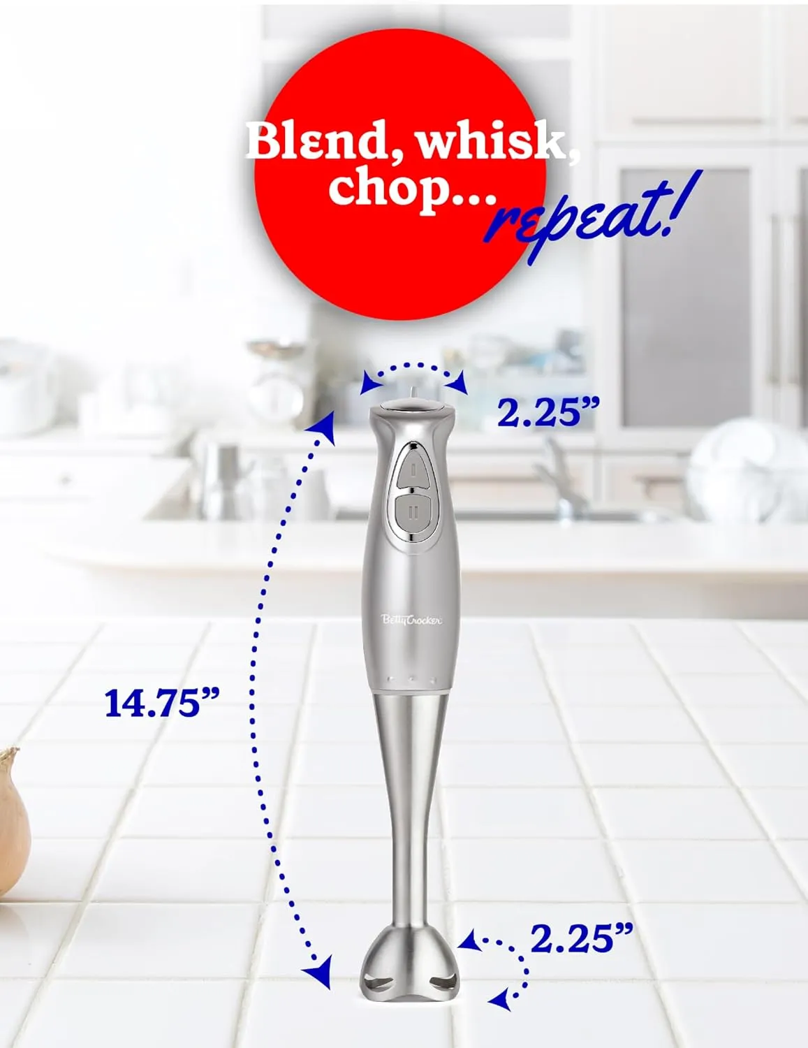 BETTY CROCKER Immersion Blender for Home & Kitchen, 2-Speed Hand Mixer Electric Handheld with Stainless Steel Blade, Beaker & Whisk, 250W Portable Blender with Ergonomic Handle, Silver