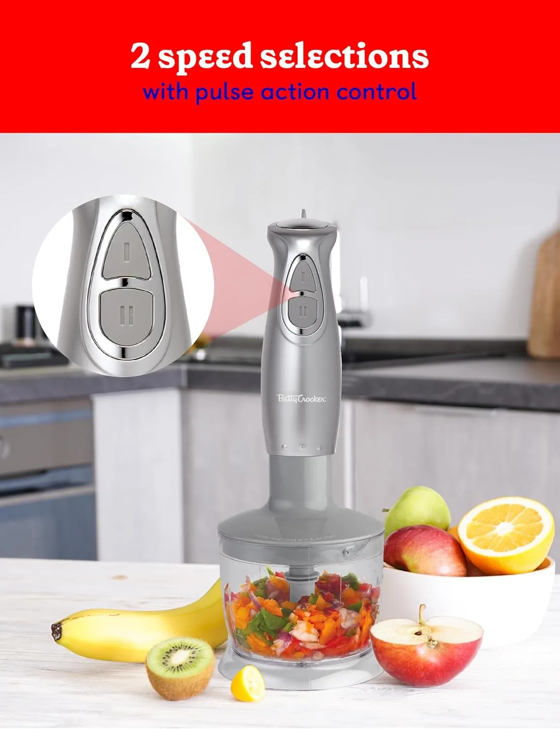 BETTY CROCKER Immersion Blender for Home & Kitchen, 2-Speed Hand Mixer Electric Handheld with Stainless Steel Blade, Beaker & Whisk, 250W Portable Blender with Ergonomic Handle, Silver