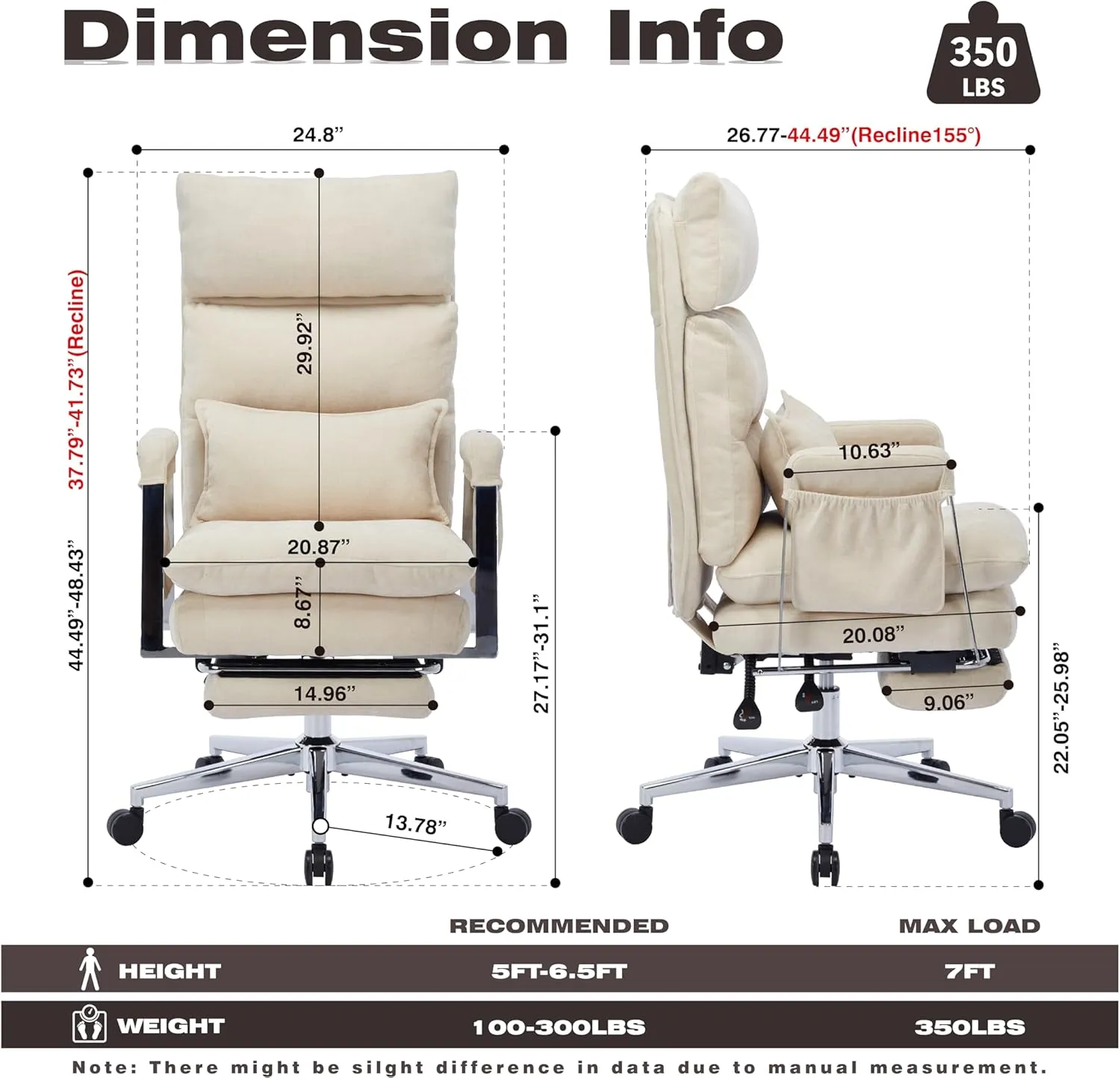 Big and Tall Fabric Computer Chair,Full Stainless Steel Comfy Ergonomic Office Chair with Footrest, Cute Chenille Fabric High Back Reclining C Hair with Spring Cushion,Lumbar Support(Beige)