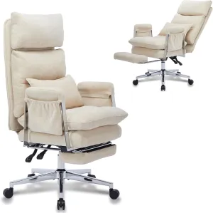Big and Tall Fabric Computer Chair,Full Stainless Steel Comfy Ergonomic Office Chair with Footrest, Cute Chenille Fabric High Back Reclining C Hair with Spring Cushion,Lumbar Support(Beige)