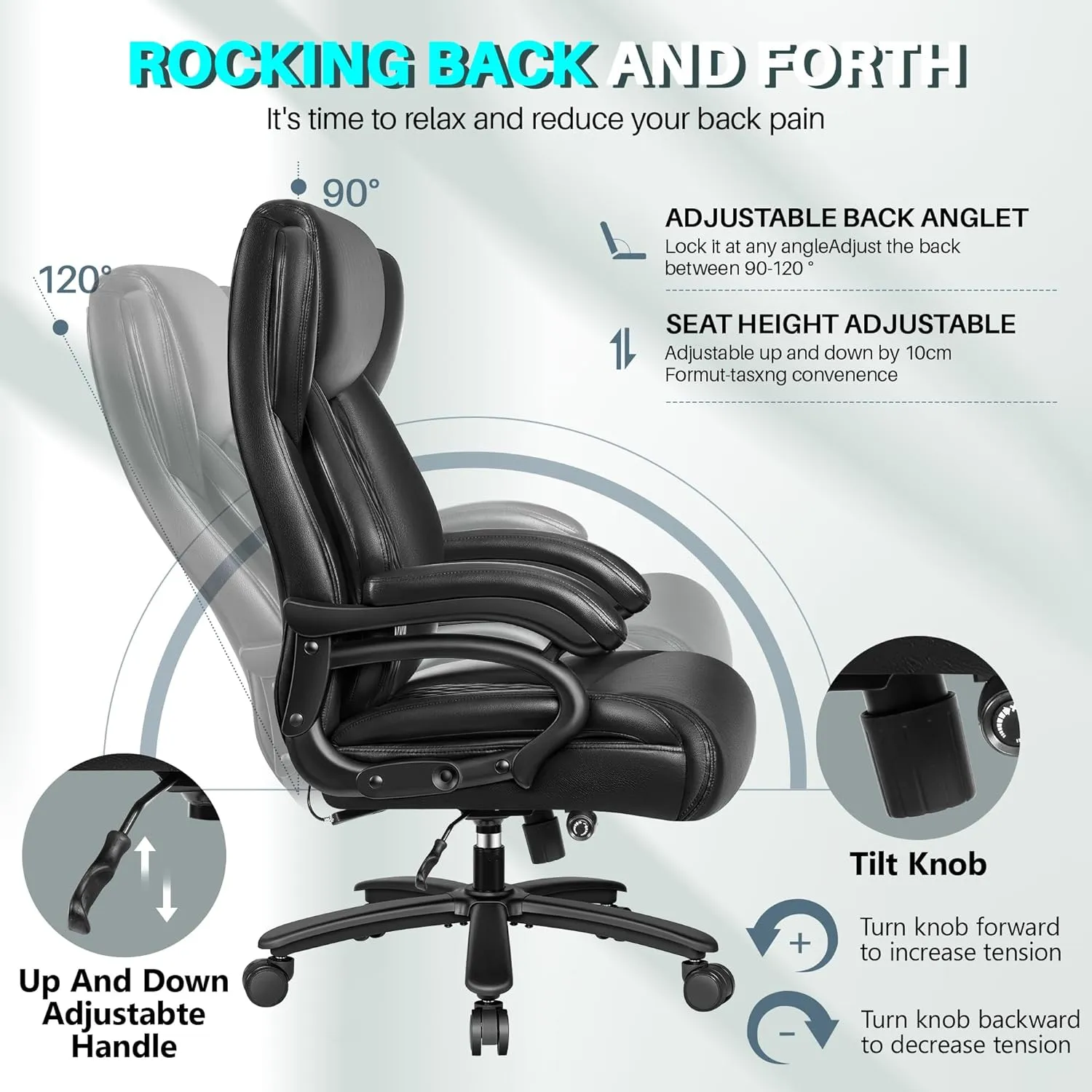Big and Tall Office Chair 500lbs, Heavy Duty Executive Desk Chair with Adjustable Lumbar Support, Comfy Padded Cushion, Ergonomic PU Leather Home Computer Chair with Extra Wide Seat, Black