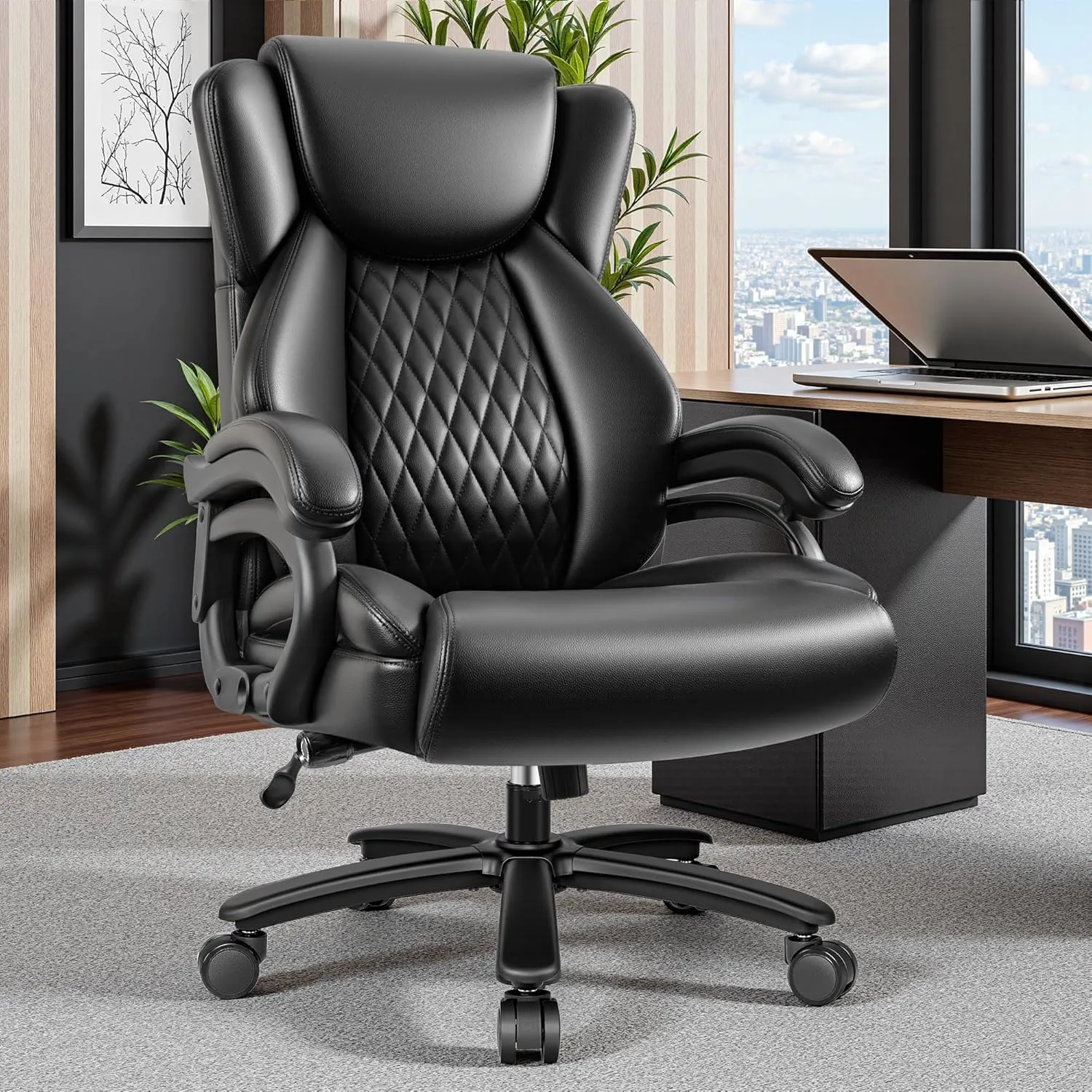 Big and Tall Office Chair 500lbs, Heavy Duty Executive Desk Chair with Adjustable Lumbar Support, Comfy Padded Cushion, Ergonomic PU Leather Home Computer Chair with Extra Wide Seat, Black