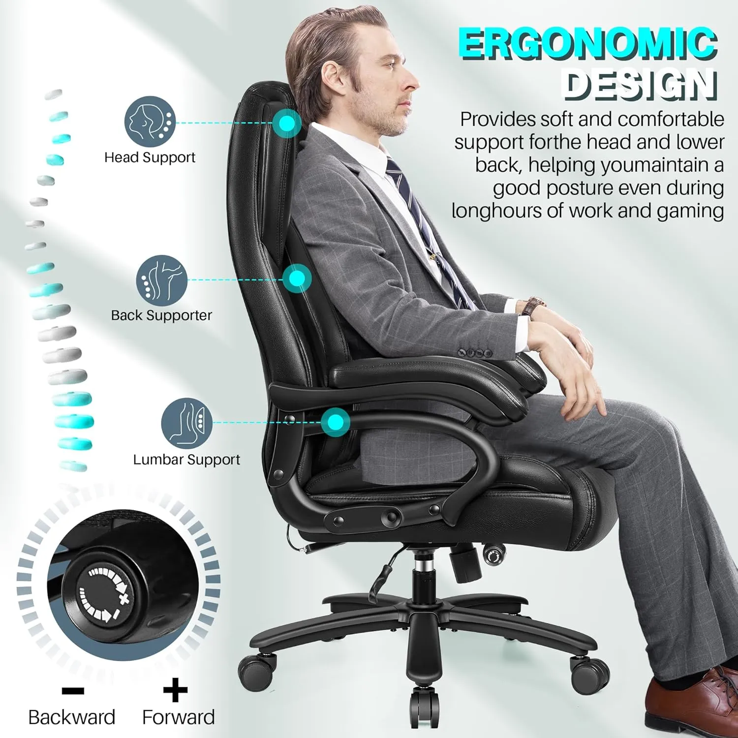 Big and Tall Office Chair 500lbs, Heavy Duty Executive Desk Chair with Adjustable Lumbar Support, Comfy Padded Cushion, Ergonomic PU Leather Home Computer Chair with Extra Wide Seat, Black