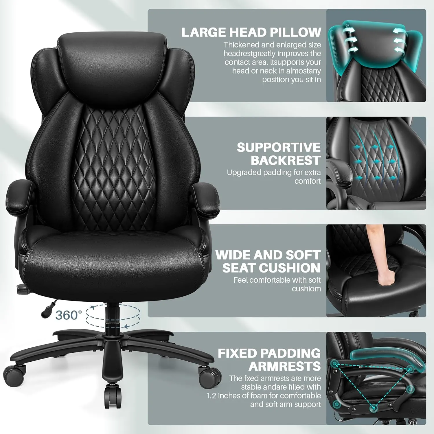 Big and Tall Office Chair 500lbs, Heavy Duty Executive Desk Chair with Adjustable Lumbar Support, Comfy Padded Cushion, Ergonomic PU Leather Home Computer Chair with Extra Wide Seat, Black