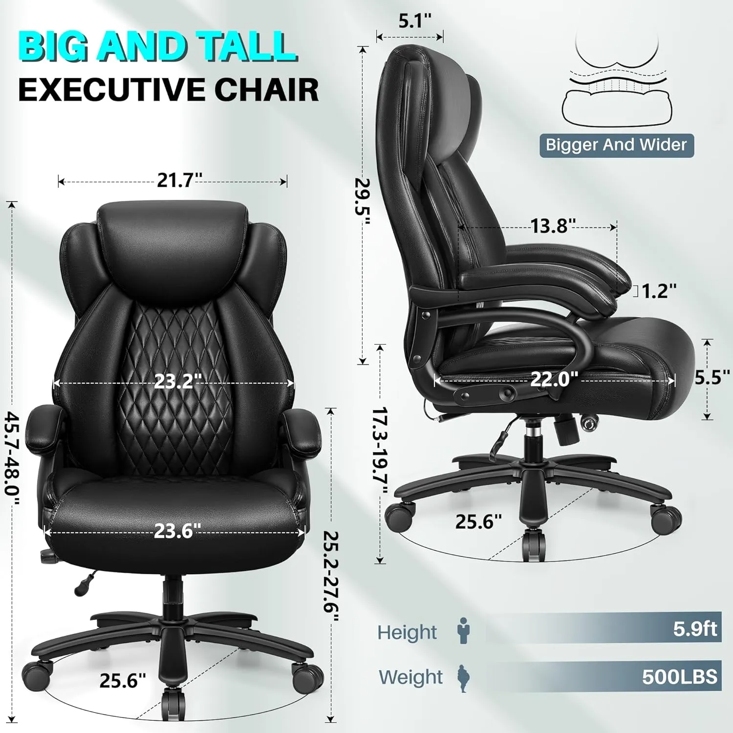 Big and Tall Office Chair 500lbs, Heavy Duty Executive Desk Chair with Adjustable Lumbar Support, Comfy Padded Cushion, Ergonomic PU Leather Home Computer Chair with Extra Wide Seat, Black